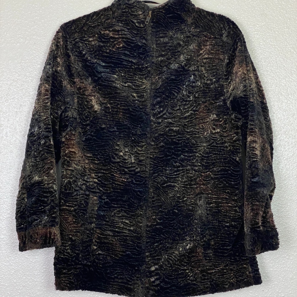 CHICO'S 100% Silk Faux Fur Teddy Zip Jacket Women's size 0 Black Brown NEW